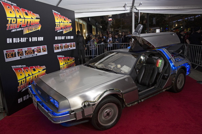 A DeLorean Motor Company DMC-12 sits on the red carpet at the Back to the Future 30th Anniversary screening in the Manhattan borough of New York