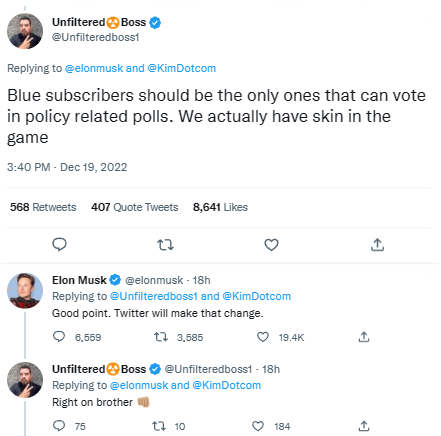 Elon Musk responds to suggestion by twitter user.