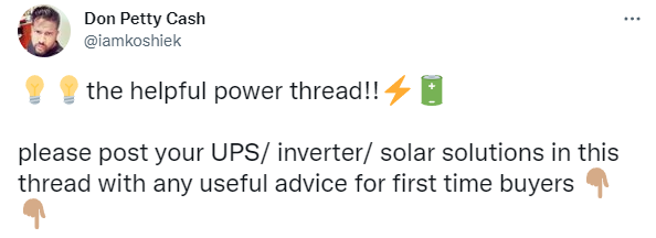  Tweet on UPS and solar solutions for load shedding.