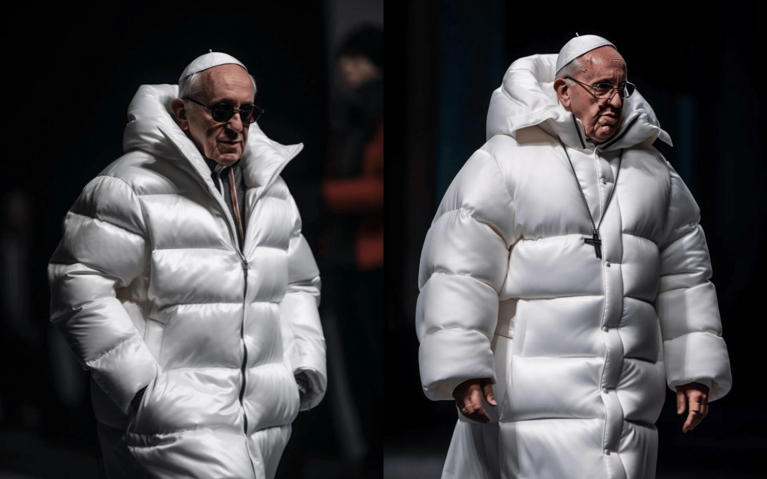 AI-generated image by Midjourney of Pope Francis wearing a Belenciaga coat