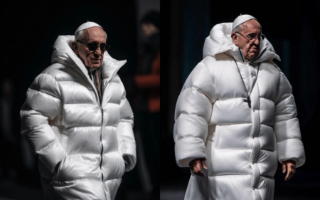 AI-generated image by Midjourney of Pope Francis wearing a Belenciaga coat (AI-generated images)