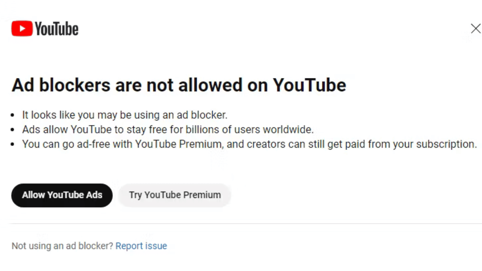 YouTube blocking ad blockers