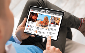 What are misfluencers and what can be done about false information online? a man looking at fake Twitter news on a tablet