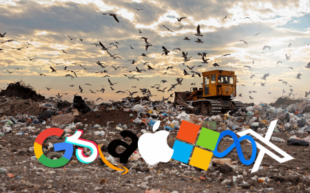 The logos of Big Tech companies strewn around a landfill