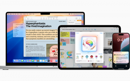 Apple Intelligence header showing a MacBook, iPad, and iPhone
