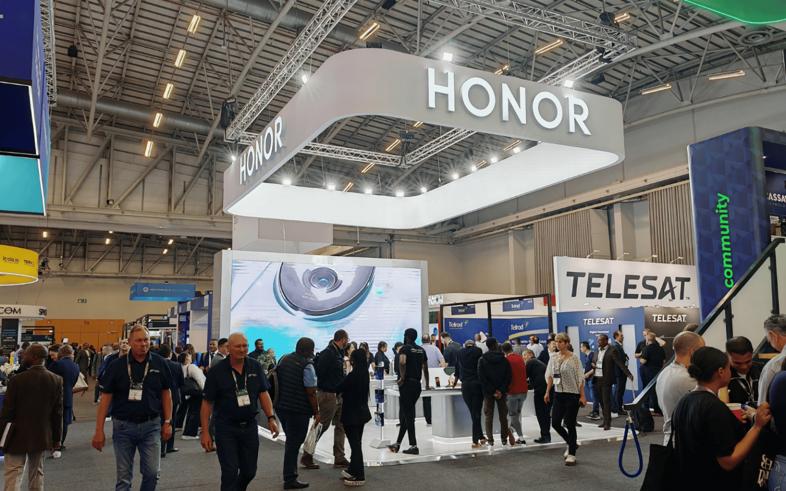 Honor's expo booth at Africa Tech Fest 2024 showing the brand's smartphone, laptop, tablet, and wearable device ranges