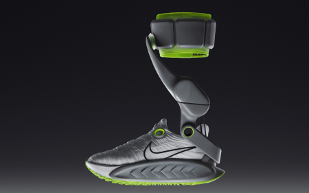 Nike's Project Amplify running shoe and 'second calf muscle' on a dark background