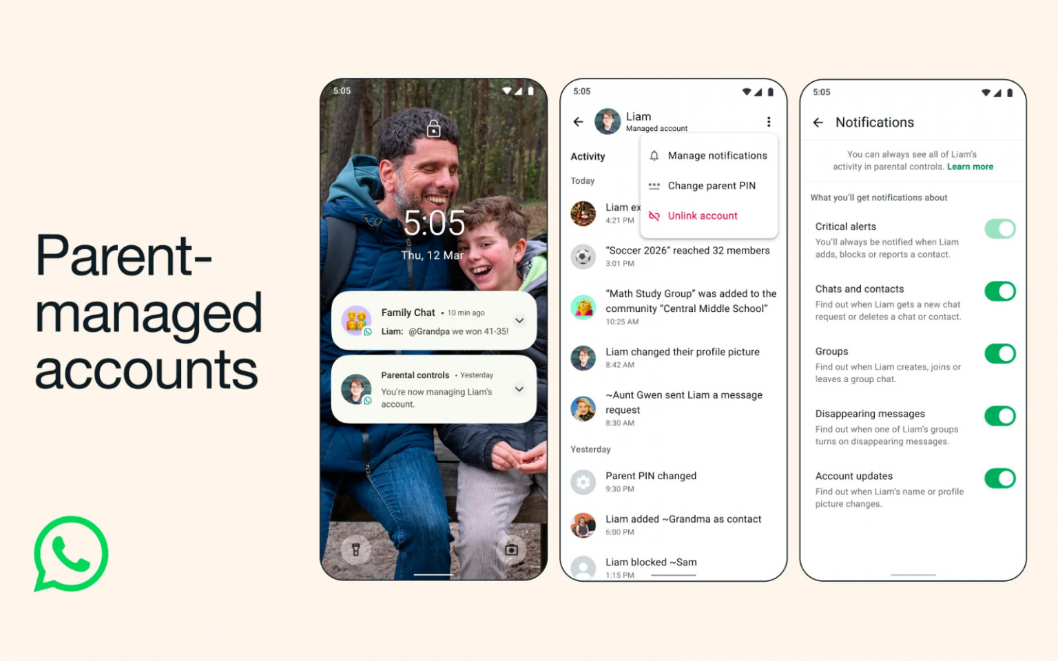 WhatsApp parent-managed accounts header