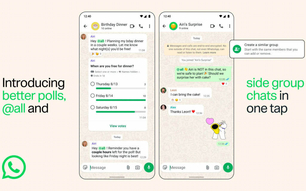 WhatsApp group chats just got a makeover with better polls, side chats, and ‘@all’ WhatsApp group chat update header